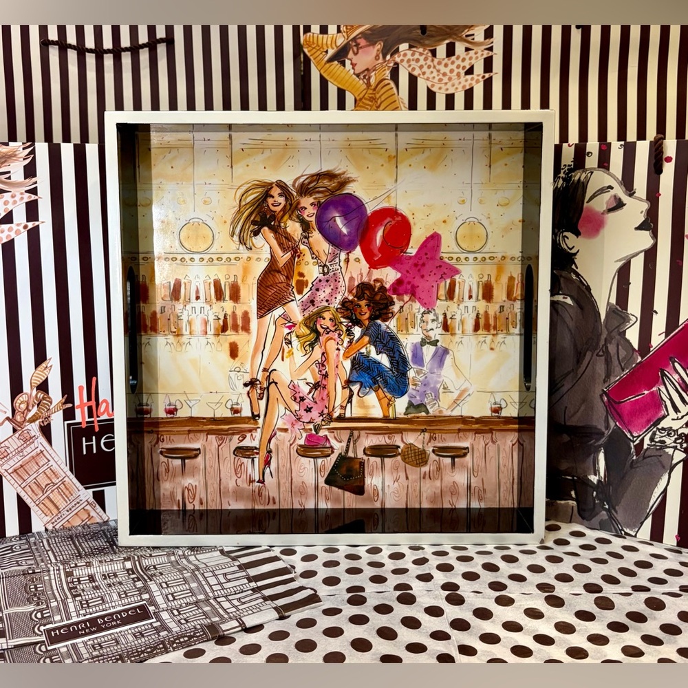 HENRI BENDEL Party Girls Tray 12.5"  x 12.5" Black Lacquer With Artwork/RARE/HTF